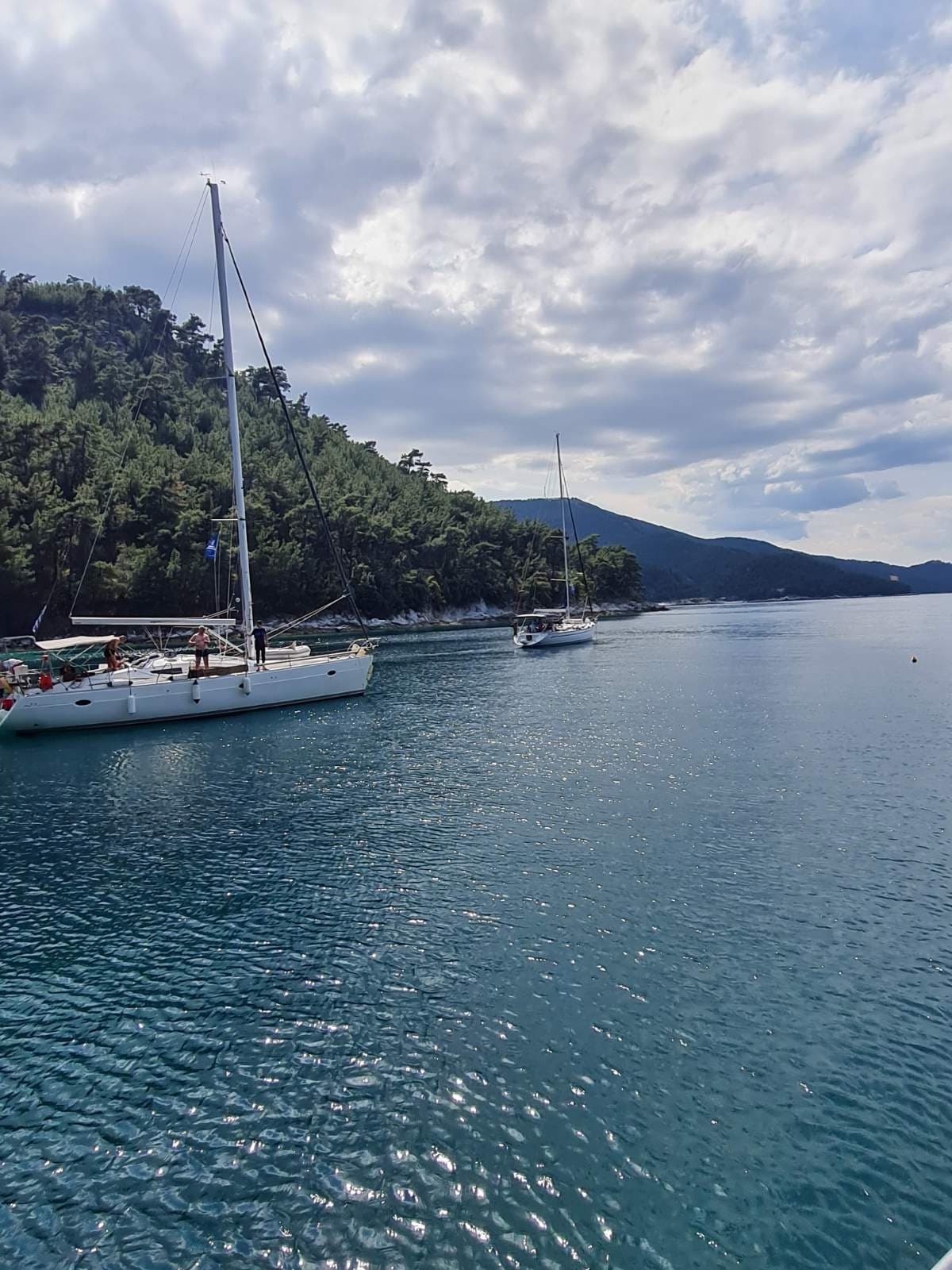 Sailing yachts at anchor in a calm bay on Thasos