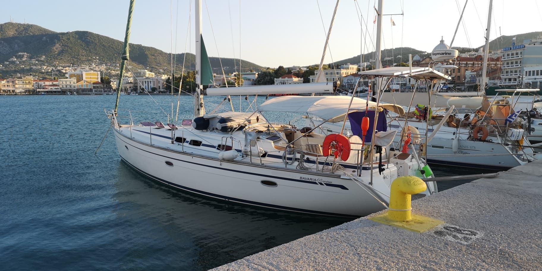 The yacht moored in Mytilene harbour on Lesvos