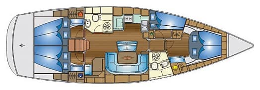 Deck plan of the yacht: four cabins with two berths each, two bathrooms with showers, the saloon and the galley.