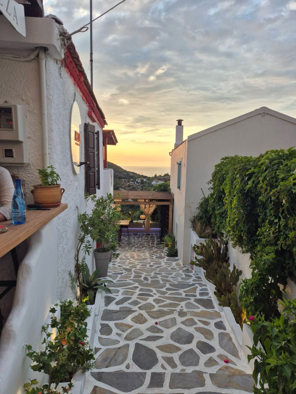 A paved lane in Alonissos at sunset