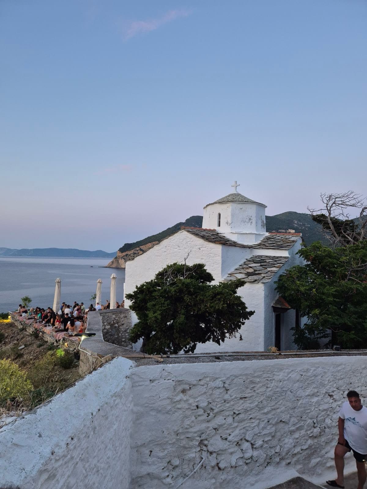 A white church above the sea on Skopelos